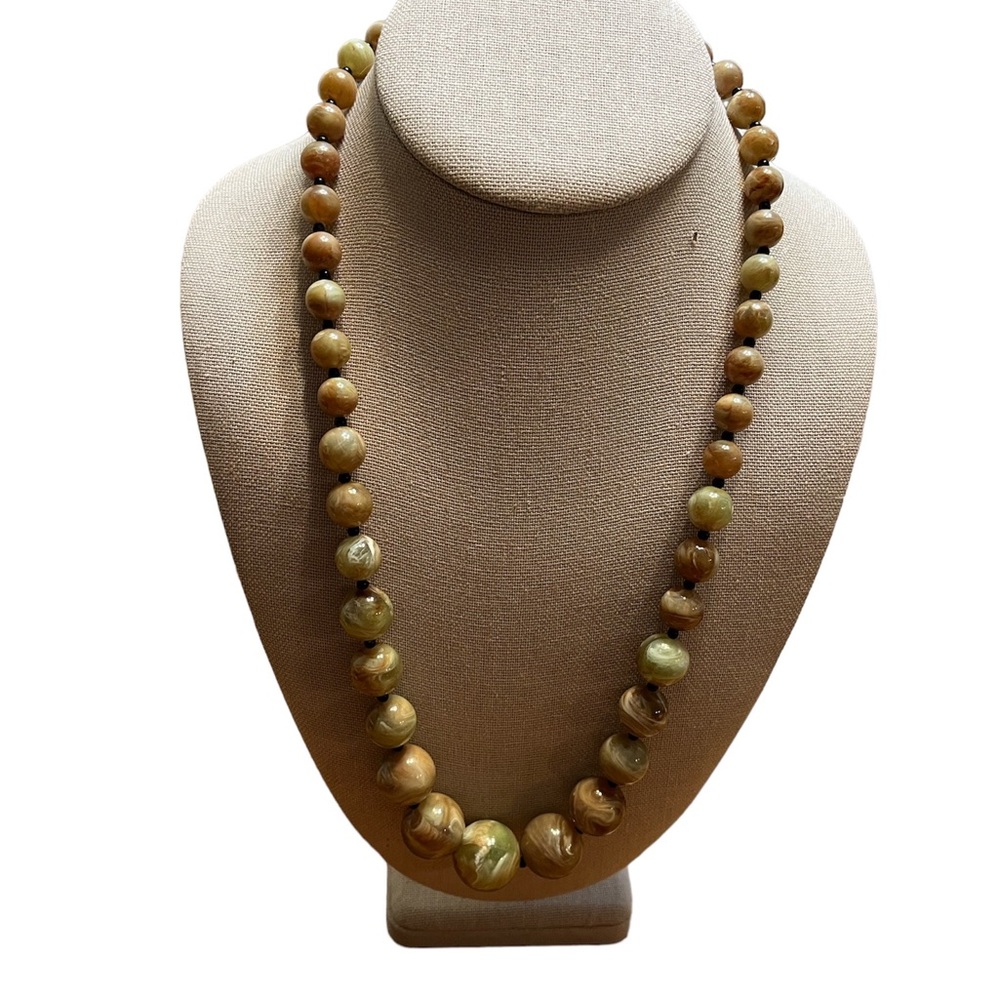 Vintage Green/Brown Marbled Bead Necklace ~ 23 Inches